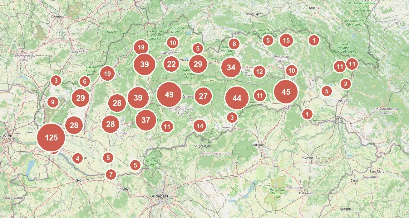 Mapa Slovenska so zhlukmi overených miest
